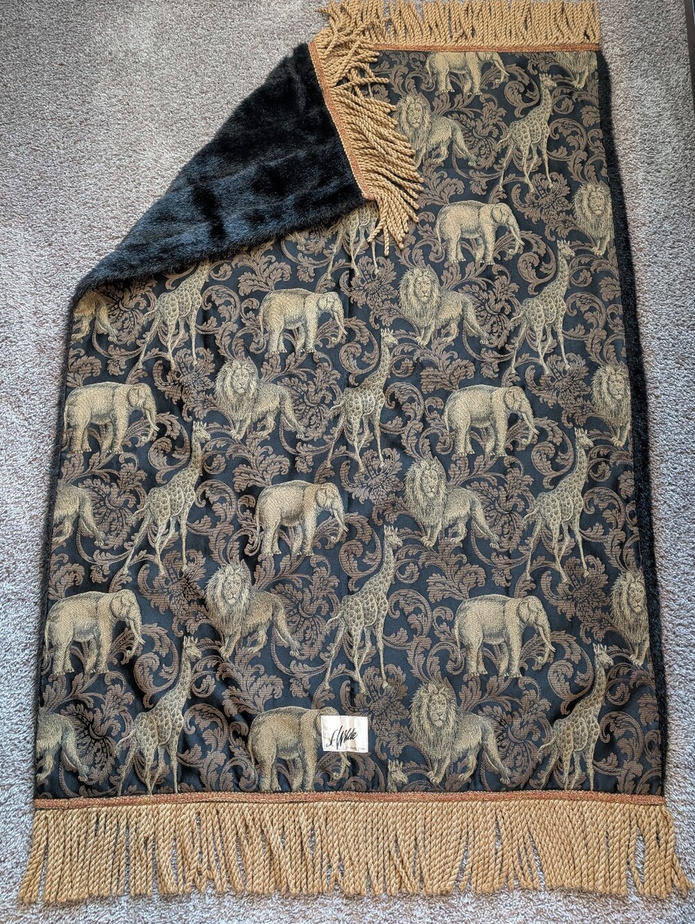 Vintage J. Wilde Safari Animal Throw Blanket Tapestry Black Fur Gold Fringe - Picture 2 of 11